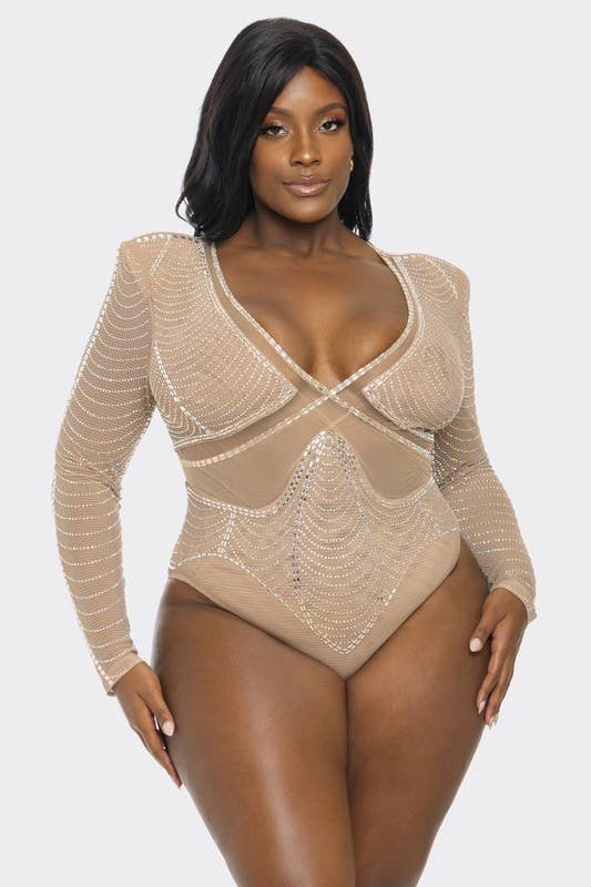 Plus Size  Rhinestone Fishnet Bodysuit