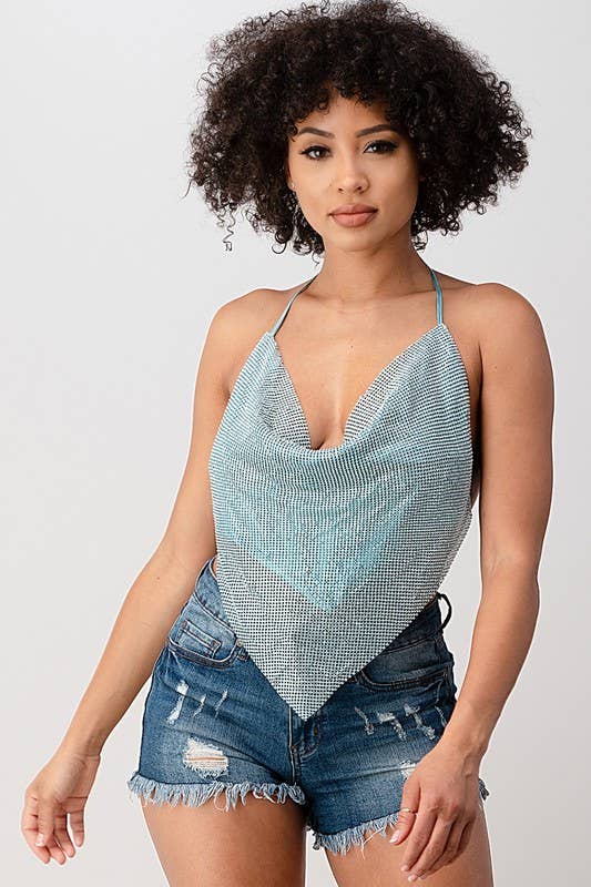 Metallic Rhinestone Backless Cowl Neck Crop Top