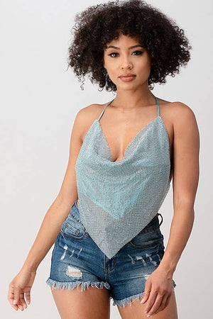 Metallic Rhinestone Backless Cowl Neck Crop Top