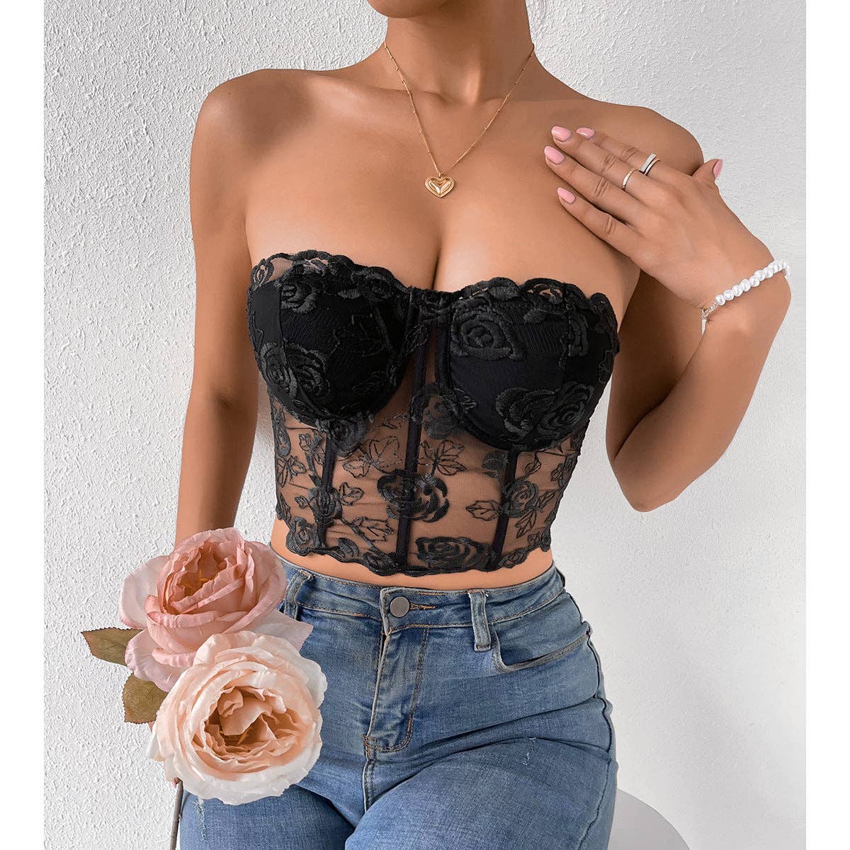 Rose Lace Strapless Bustier