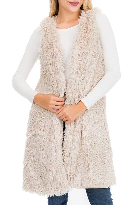 Glossy Faux Fur Long Vest