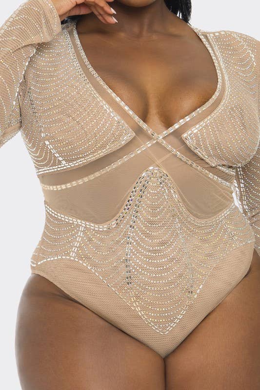 Plus Size  Rhinestone Fishnet Bodysuit