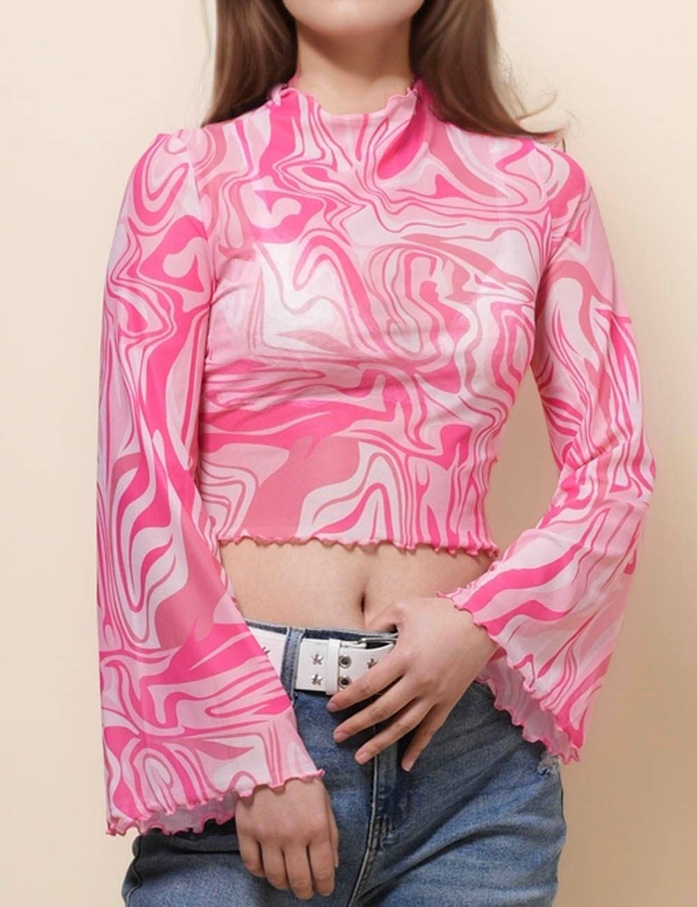Ladies Print Flare Sleeves Mesh Top