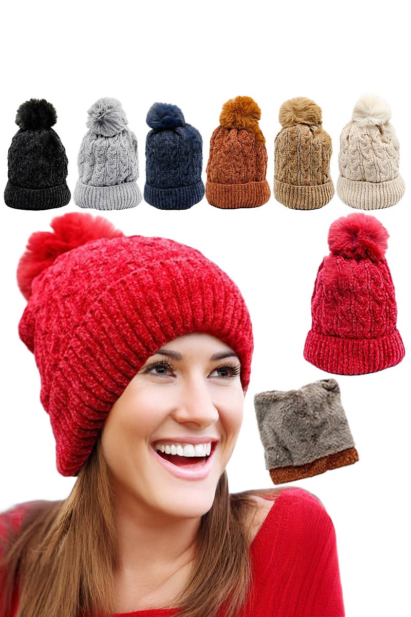 Cable Knitted Velvety Chenille Fleece Lined Beanie
