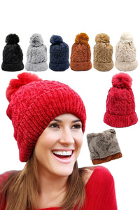 Cable Knitted Velvety Chenille Fleece Lined Beanie