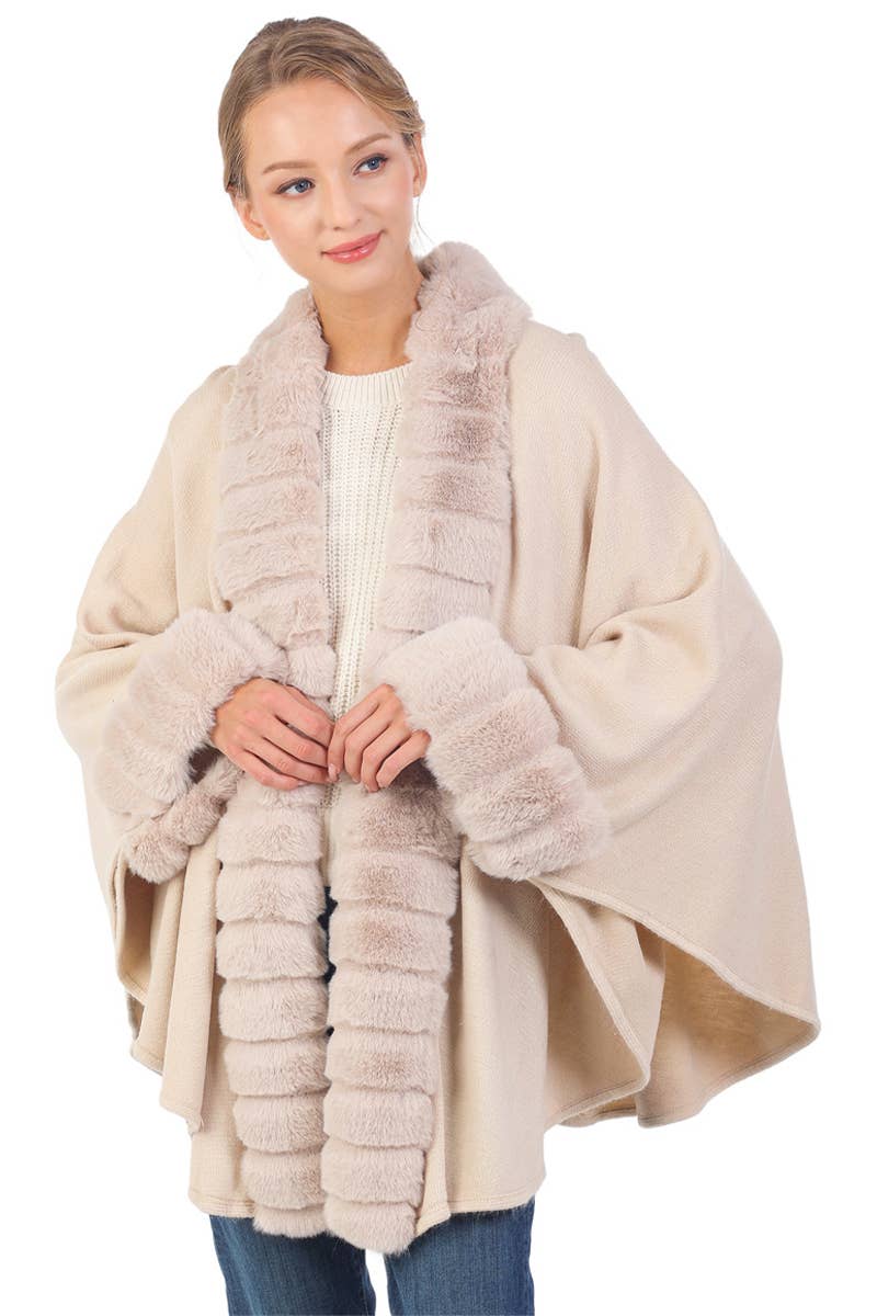 Bubble Faux Fur Trim Slit-Sided Shawl Cape Poncho