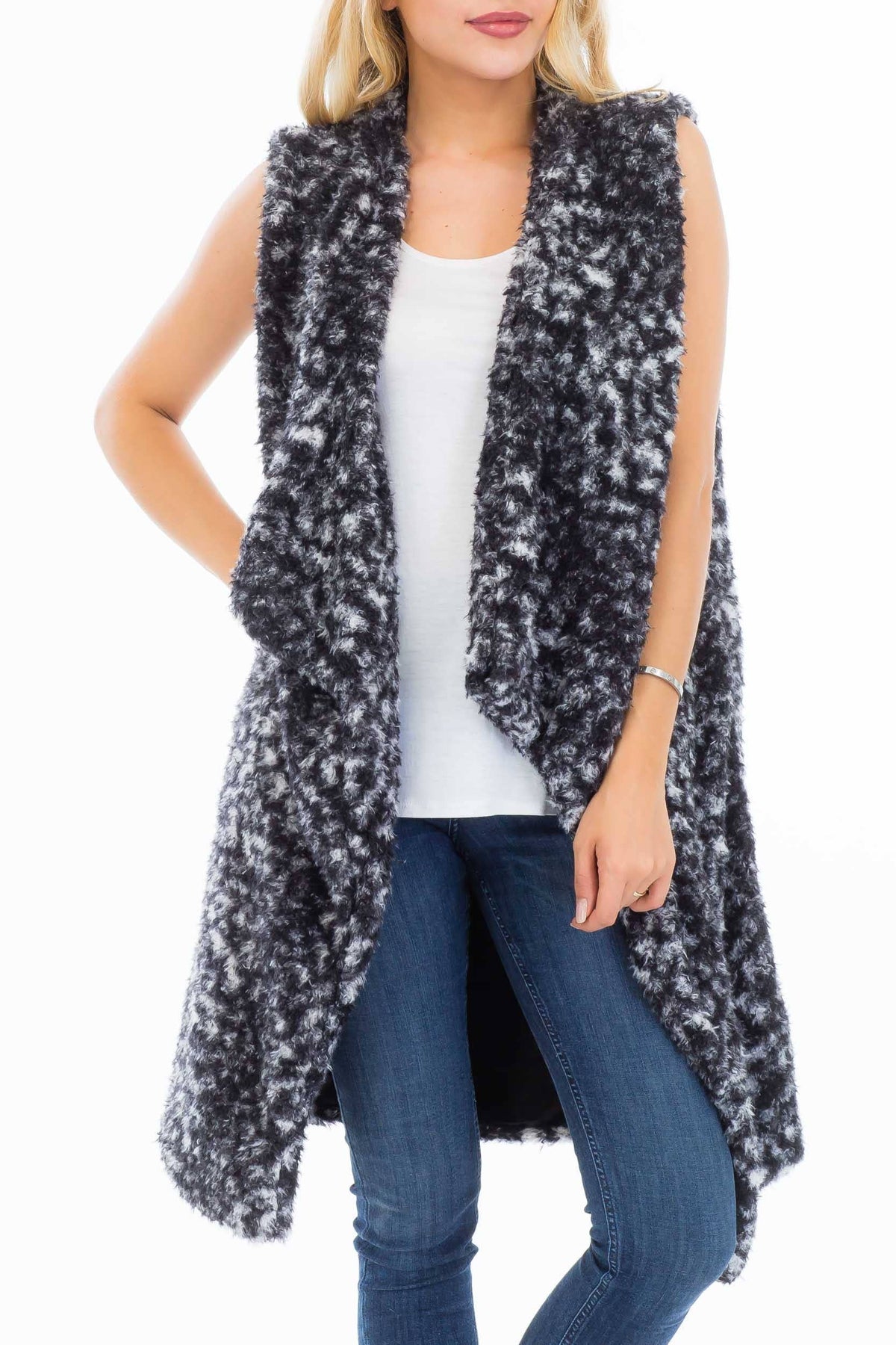 Open Front Faux Fur Leopard Long Vest