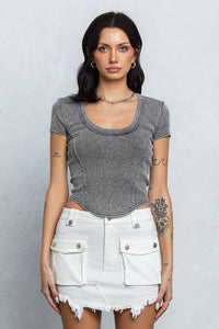 Washed rib deep u-neck crop top