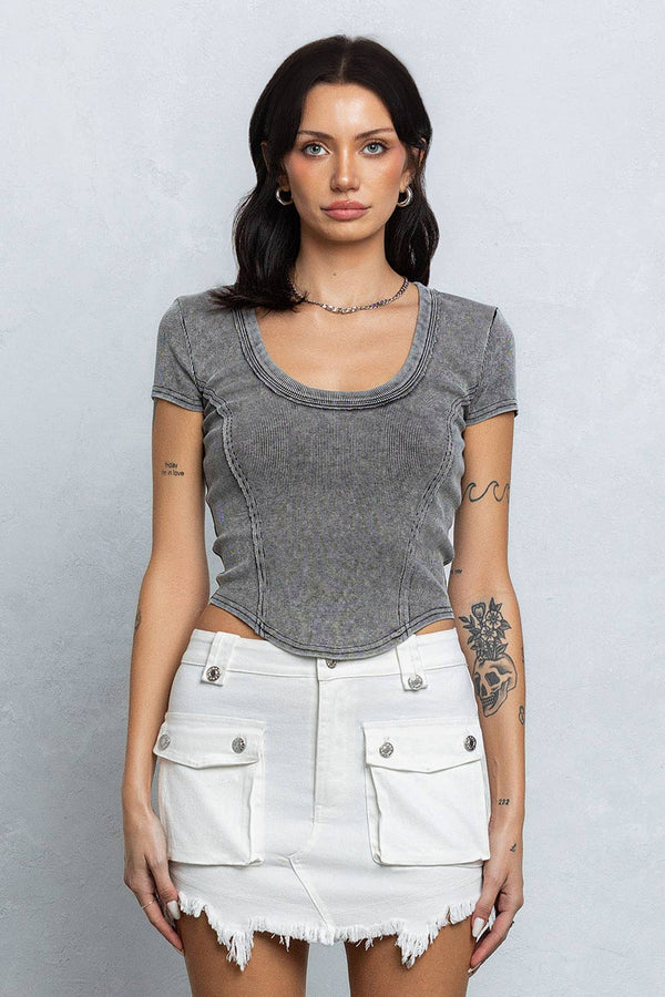 Washed rib deep u-neck crop top