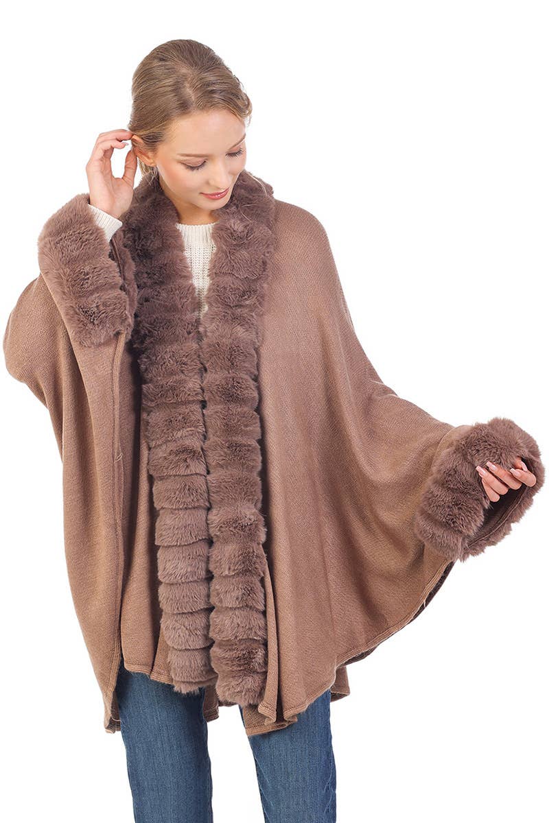 Bubble Faux Fur Trim Slit-Sided Shawl Cape Poncho