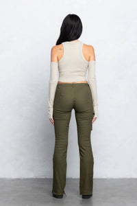 Cargo stretch twill bootcut pants w/ zipper detail