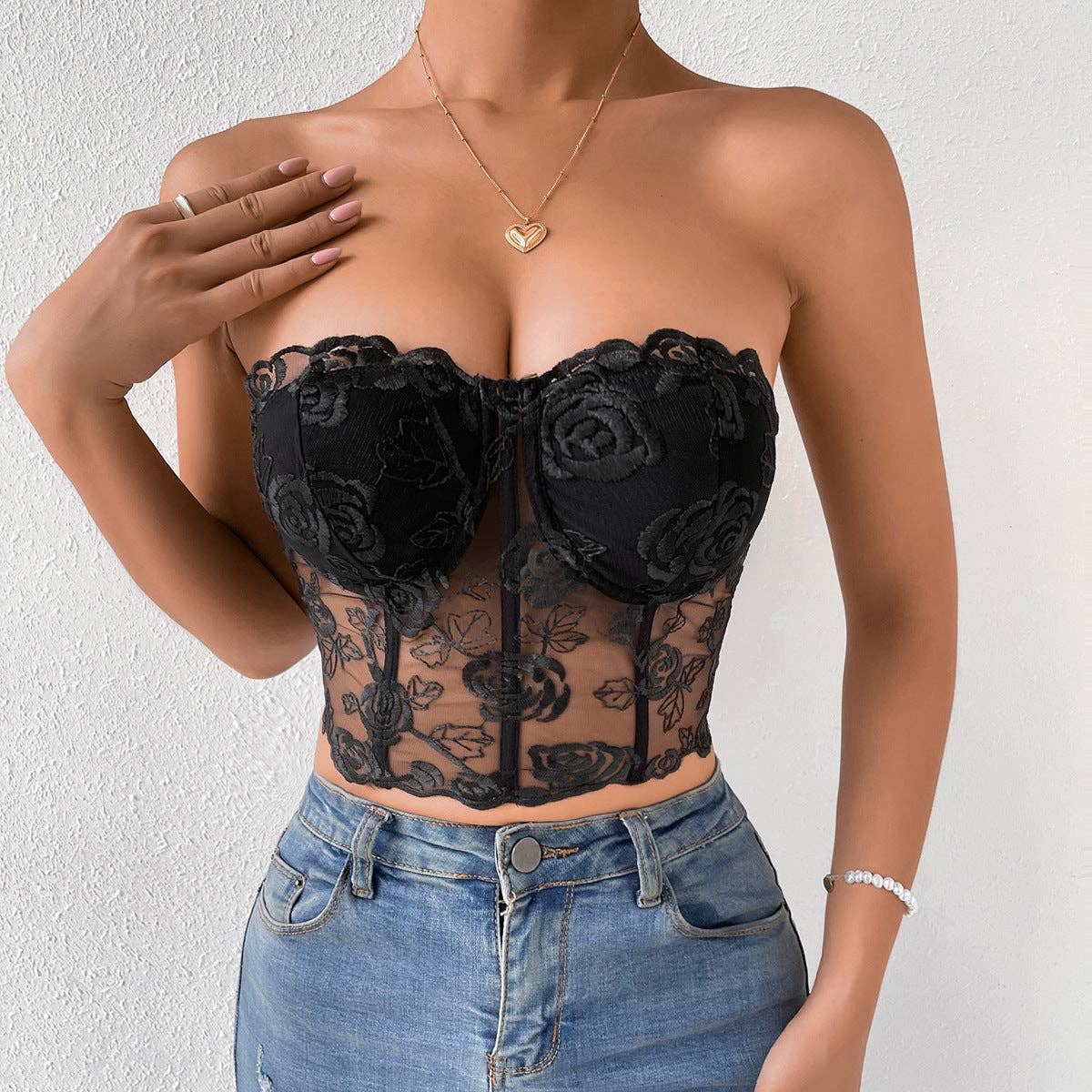 Rose Lace Strapless Bustier