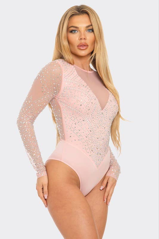 Rhinestone Mesh Long Sleeve Bodysuit