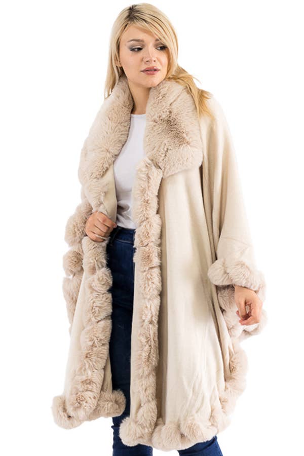 Ruffle Twisted Bubble Teddy Faux Fur Lined Open Ruana Poncho