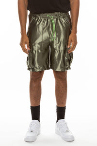 Mens Satin Cargo Utility Shorts with Snap Button Pockets