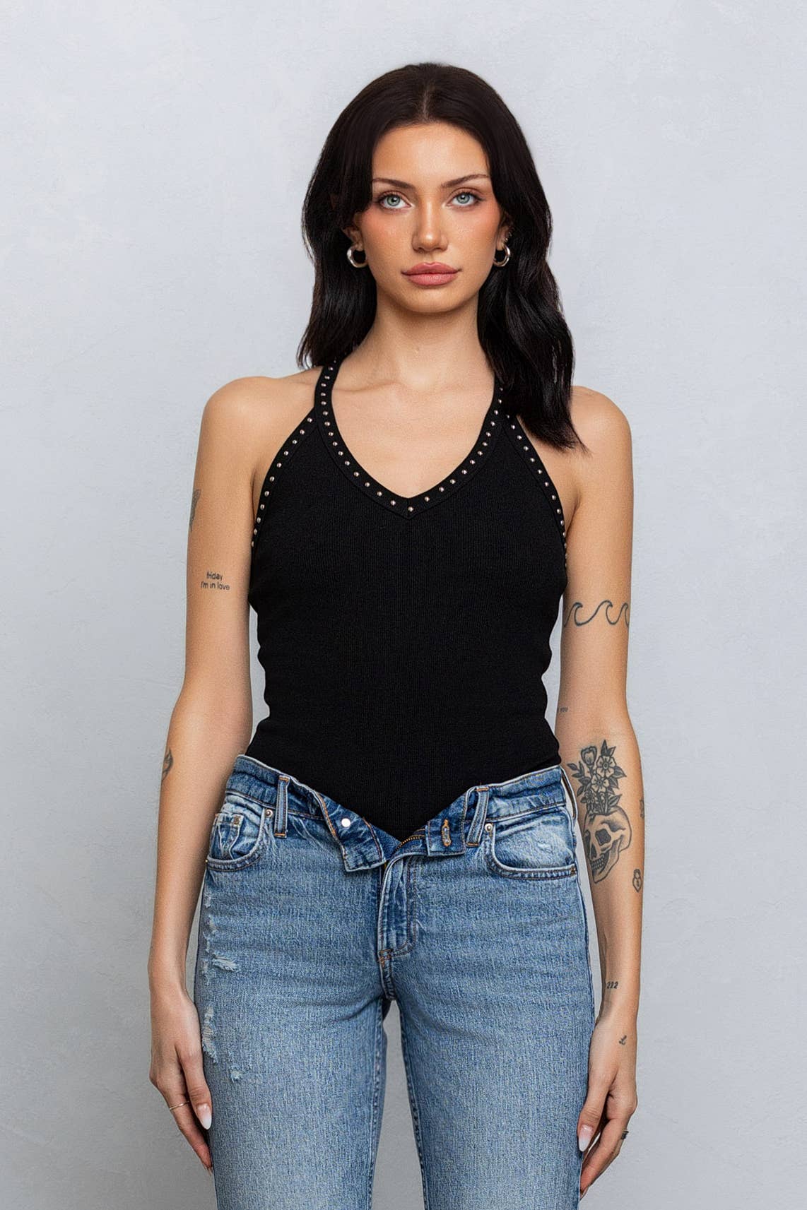 Studded v-neck ribbed tank top