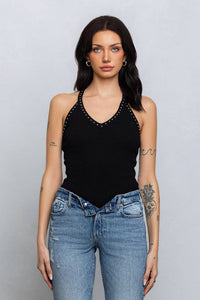 Studded v-neck ribbed tank top