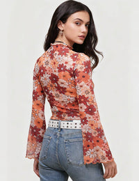 Ladies Print Flare Sleeves Mesh Top