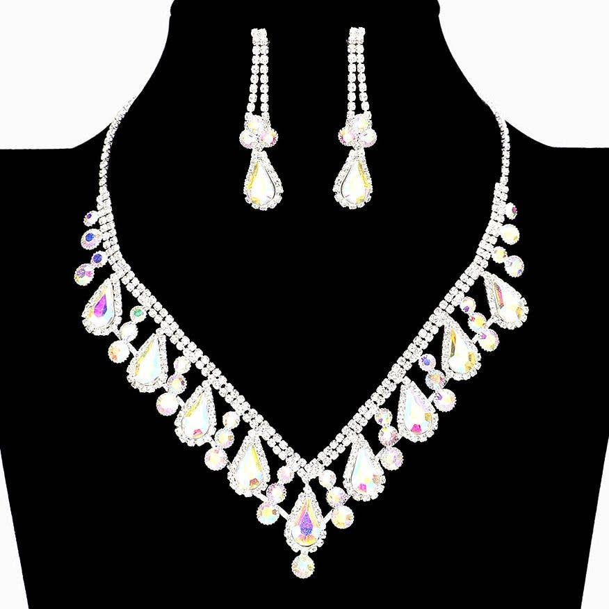 V Shape Elegant Rhinestone Necklace Set Clipon Earrings