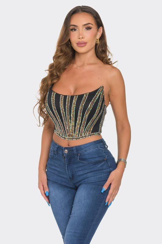 Multi Colored Rhinestone Strapless Tube Top