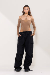 Diamond mesh details and strappy long sleeves bodysuit