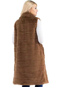 Quilted Fluffy Faux Fur Pocketed Midi-Length Vest