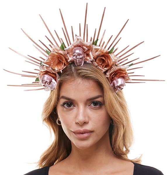 Rose Gold Floral Headband with Skull