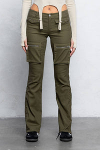 Cargo stretch twill bootcut pants w/ zipper detail