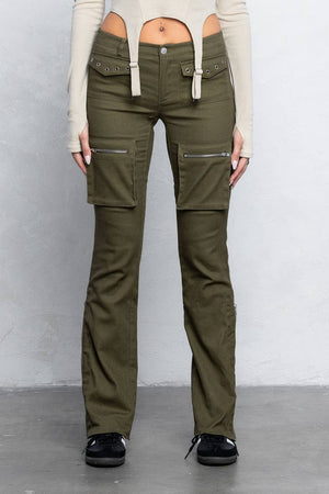 Cargo stretch twill bootcut pants w/ zipper detail