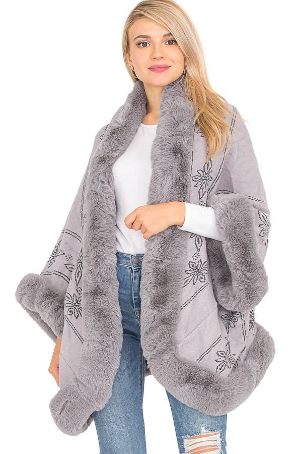 Lily Floral Print Faux Fur Lined Open Silhouette Shawl Cape