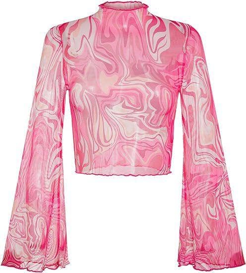 Ladies Print Flare Sleeves Mesh Top
