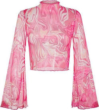 Ladies Print Flare Sleeves Mesh Top