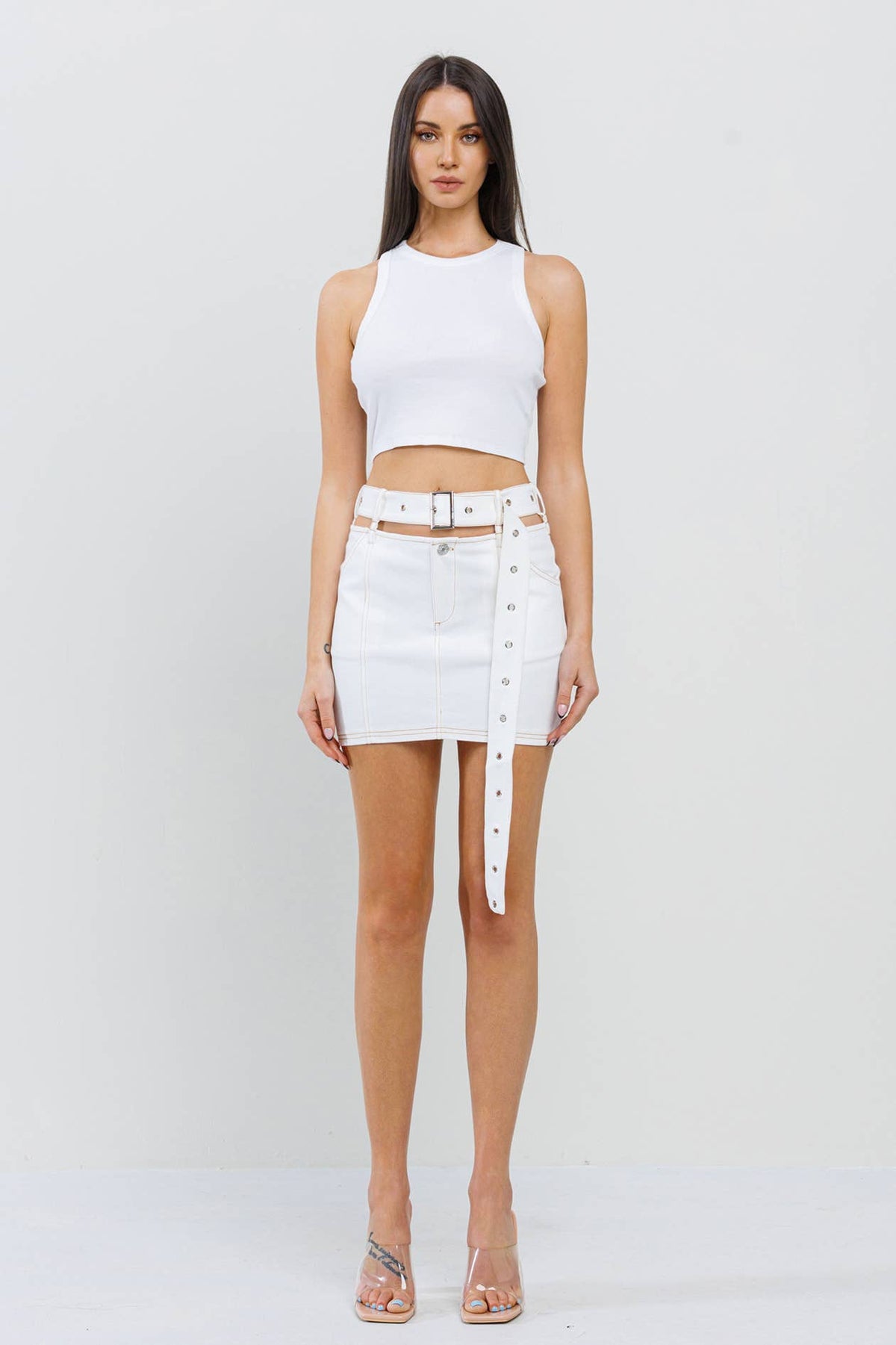 Cutout featured stitch detail belted skirt