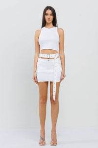 Cutout featured stitch detail belted skirt