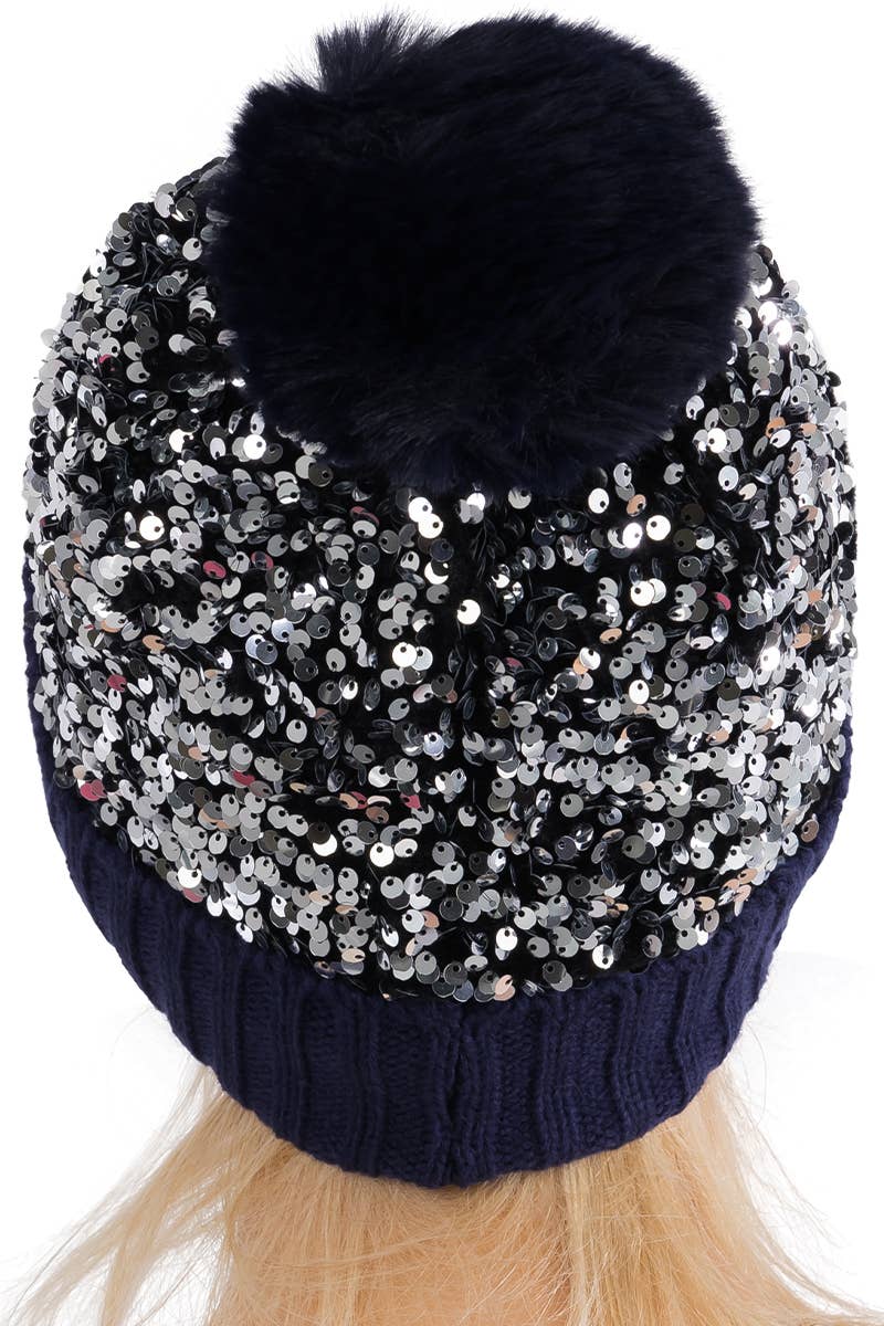 Bedazzled Metallic Sequins Knitted Pom Pom Beanie