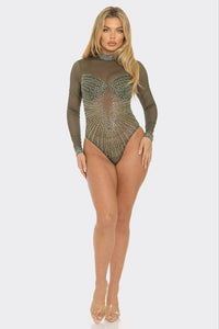 Green Rhinestone Mesh Bodysuit