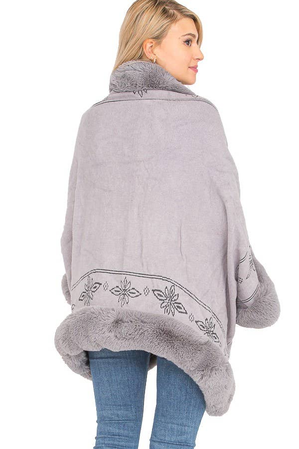 Lily Floral Print Faux Fur Lined Open Silhouette Shawl Cape