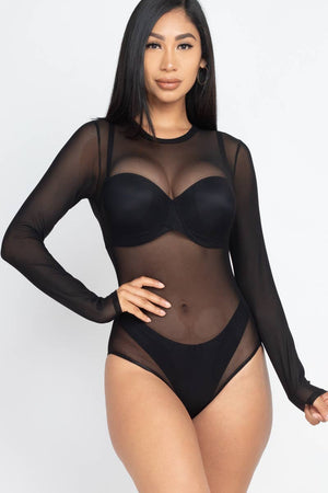 Mesh Sheer Long Sleeves Bodysuit