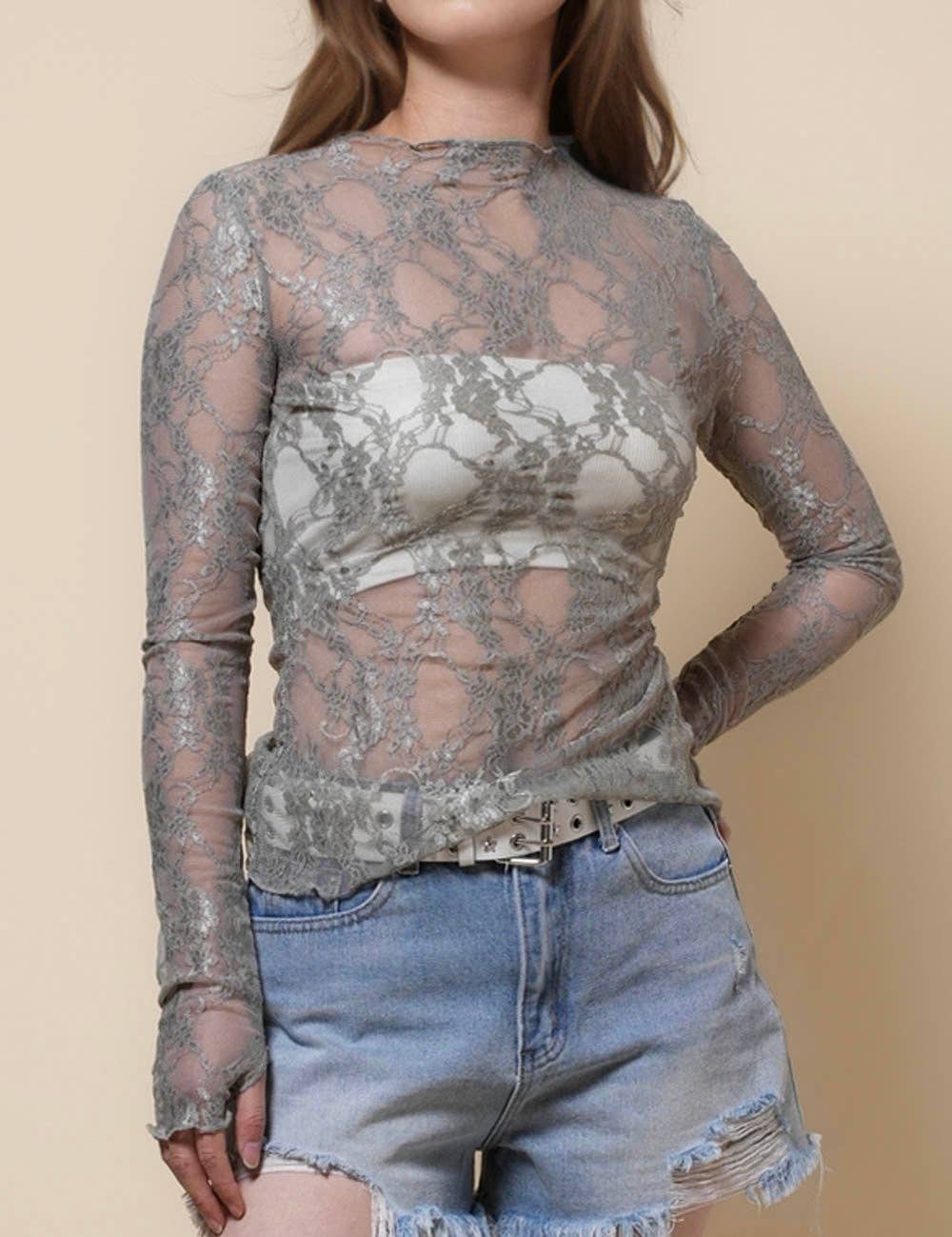 Turtle Neck Sheer Lace Top