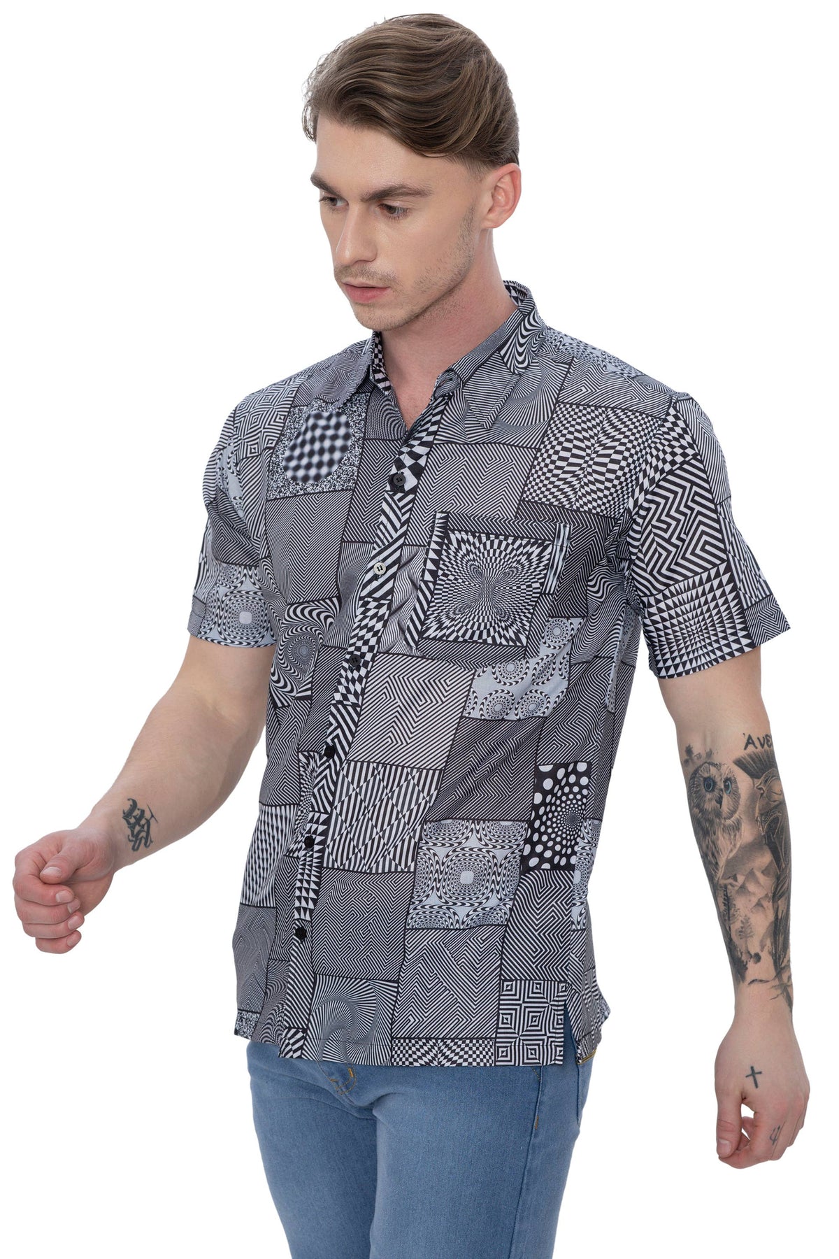 Mens Psy Shirts Black Tropical optical illusion white