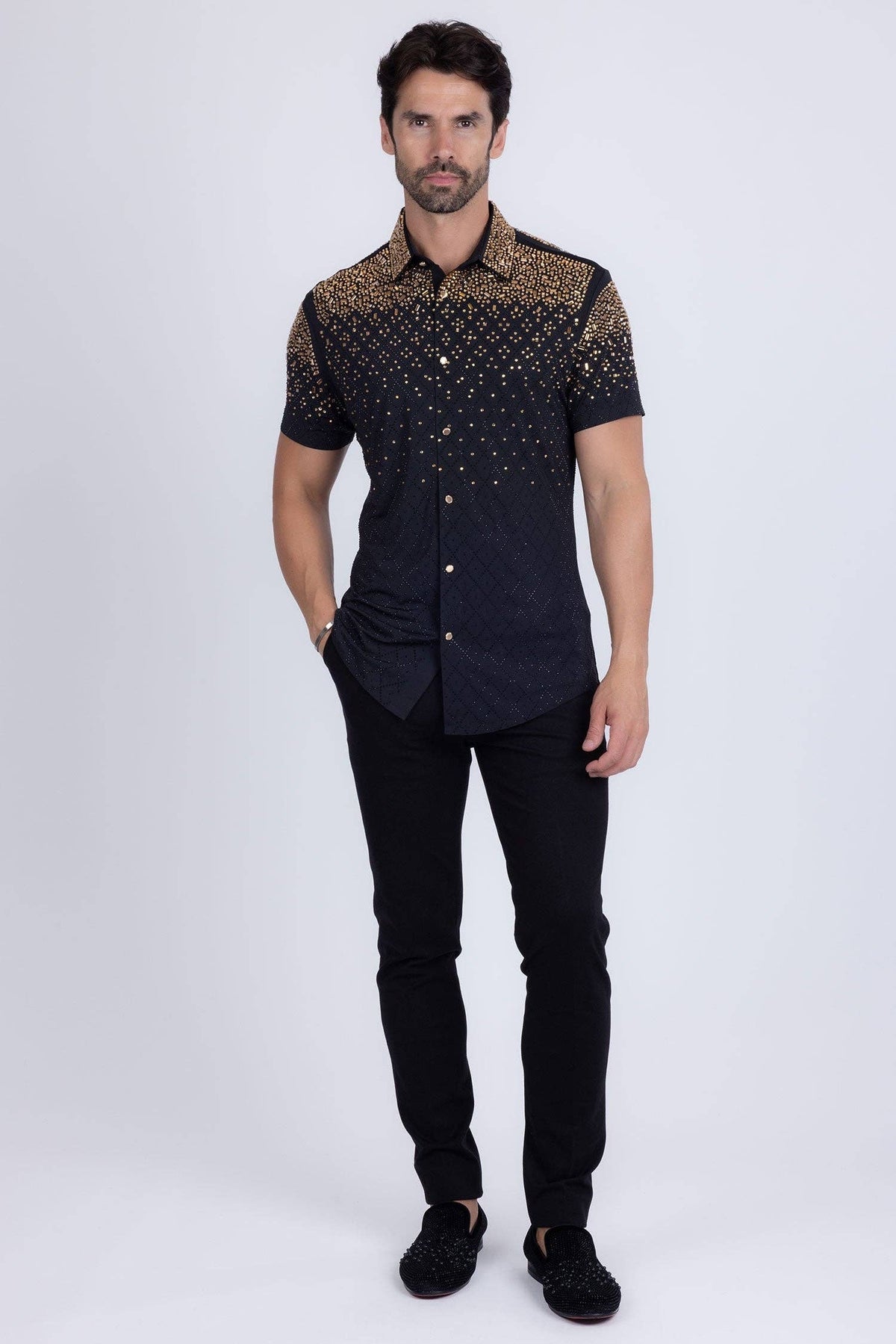 Men's Rhinestone Stretch Short Sleeve Shirt