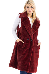 Quilted Fluffy Faux Fur Pocketed Midi-Length Vest