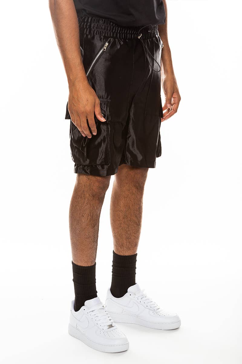 Mens Satin Cargo Utility Shorts with Snap Button Pockets