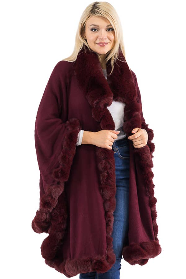 Ruffle Twisted Bubble Teddy Faux Fur Lined Open Ruana Poncho
