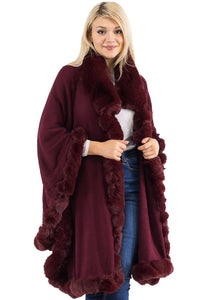 Ruffle Twisted Bubble Teddy Faux Fur Lined Open Ruana Poncho