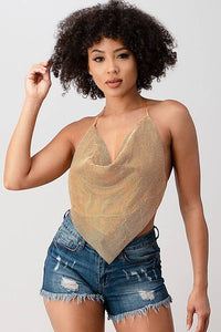 Metallic Rhinestone Backless Cowl Neck Crop Top