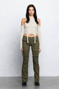 Cargo stretch twill bootcut pants w/ zipper detail