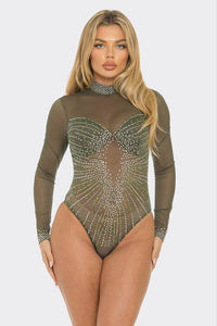 Green Rhinestone Mesh Bodysuit