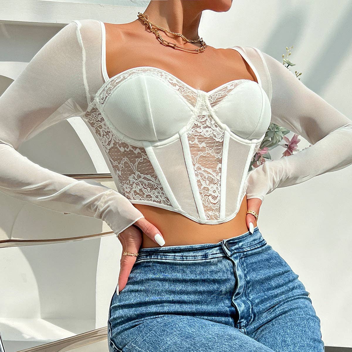 Long Sleeve Mesh Lace Top
