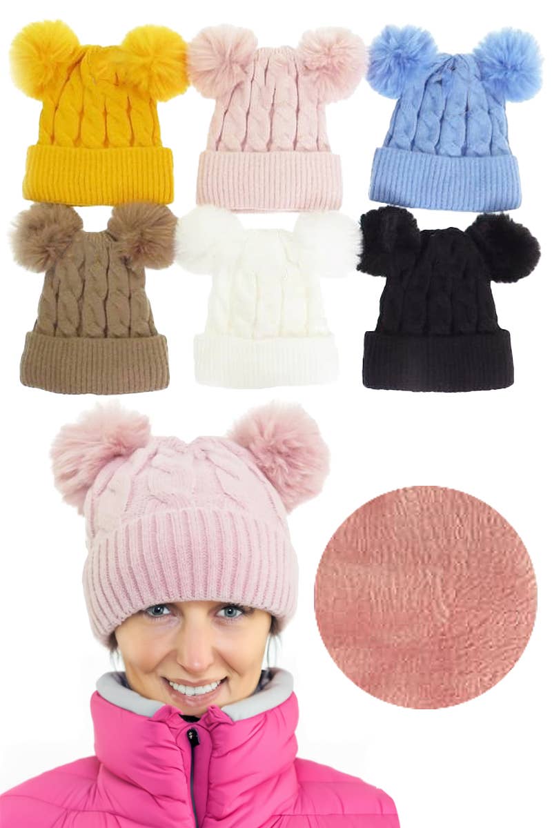 Double Pom Cable Knitted Fleece Lined Beanie